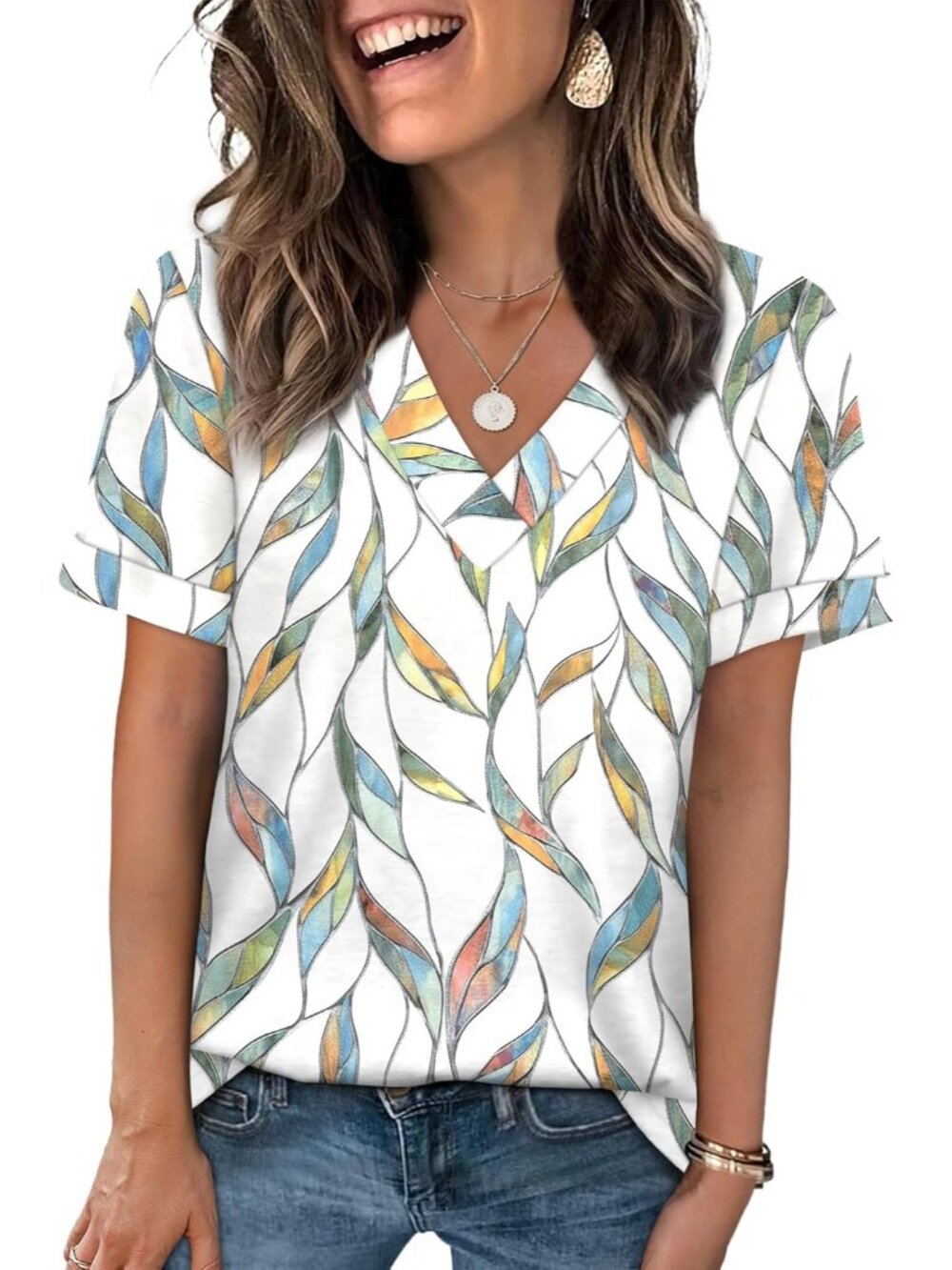 🆕Women's Leaf Summer Tops Short Sleeve Basic Casual V Neck T Shirts Trendy